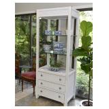 Lighted White Wicker Display Shelf with Drawers & Glass Shelves