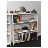 White 3-Tier Bookshelf (there are 3 of these), Books