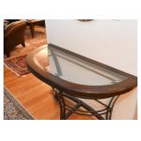 Contemporary Demilune Console Table (metal base, wood & glass top)