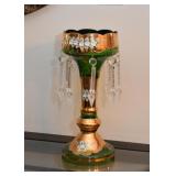 Vintage Hand Painted Glass Luster / Candle Holder with Crystals