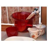 Red Glass Serving Bowl, Sugar & Creamer Set