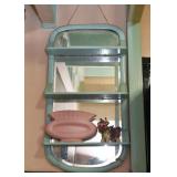 Vintage Teal Painted Wall Mirror with Shelves, Vintage Pottery