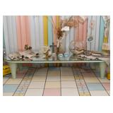 Low Profile Cocktail Table with Glass Top, Teal Painted Base