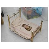 Brass Doll Bed with Kitty Cat Bedspread