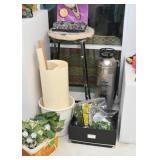 Workshop Stool, Fire Extinguisher, Faux Greenery, Art Paper