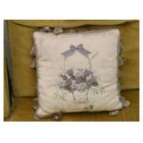 Vintage Throw Pillow with Ribbons Flower Basket Applique