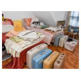 Pair of Twin Beds, Vintage Suitcases, Bed Linens, Fabric, Vintage Lamp Shade, Pillows