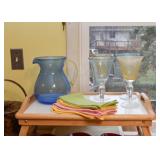 Blue Glass Pitcher, Stemware, Napkins, Folding Tray