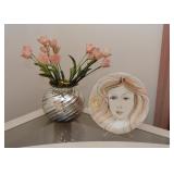 Metal Swirl Vase & Art Pottery Plate - Signed