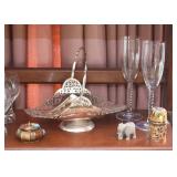 Metal Server, Trinket Boxes, Miniature Stone Elephant, Champagne Glasses