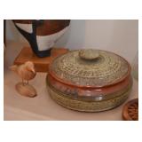 Wood Carved Bird Figurine, Stoneware Covered Dish