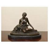 Bronze Art Deco Sculpture on Marble Base (Nude with Dog)