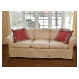 3-Seat Damask Sofa with Skirt, Throw Pillows