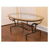 Metal Steer & Snake Coffee Table with Leather Wrapped Edge and Glass Top