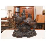 Large Antique Black Forest German Mantle Clock - Carved Wood (Rooster, Hen, Chicks)