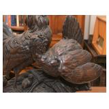 Large Antique Black Forest German Mantle Clock - Carved Wood (Rooster, Hen, Chicks)