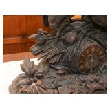 Large Antique Black Forest German Mantle Clock - Carved Wood (Rooster, Hen, Chicks)