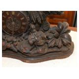 Large Antique Black Forest German Mantle Clock - Carved Wood (Rooster, Hen, Chicks)
