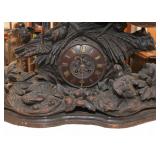 Large Antique Black Forest German Mantle Clock - Carved Wood (Rooster, Hen, Chicks)