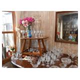 Round Wood Cocktail Table, Glassware, Crystal