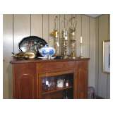 Walnut china closet and brass lamp collection