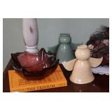 Purple Bowl & Wood Lamp - $20.00 each Pottery Angels - $10 each