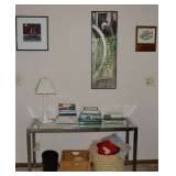 Sofa table, baskets, blankets