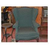 Cast Iron Side Table, Green Wingback Chair, Curio Shelving