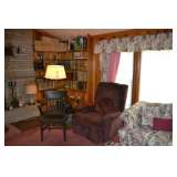 Library Chair, Maroon Recliner, Floral Sofa and Loveseat, Books