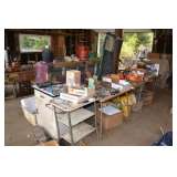 Metal cabinet w/enamel top and a garage full of great rusty stuff