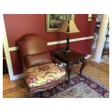 Leather Chair, Wood Table & Lamp