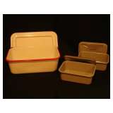 K8 Enameled pans  White/red normal wear, some nicks in enamel (12x7.5x4)