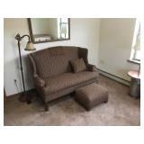 Loveseat, Ottoman, Lamp, and Mirror