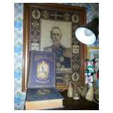 Early Textile framed King Oscar & books