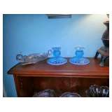 Cut glass relish & blue opalescent candlesticks