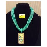 HFJ004 Carved Horn Pendant w/ Agate Beads & Turquoise Ring