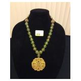 HFJ008 Celadon Yellow Green Jade Pendant w/ Peking Glass Beads