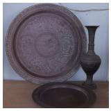 ADK032 Two Large Brass Platters and Vase
