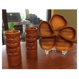 JYR046 Pair of Collectible Vintage Tiki Mugs & Monkeypod Dish