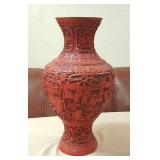 JHA070 Vintage Hand Carved Cinnabar on Brass Scenic Vase