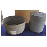 NPT079 Vintage Metal Washtub and Metal Can with Lid
