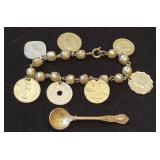 NPT099 Foreign Coins Charm Bracelet, Fine Arts Sterling Spoon Pin 