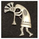 PPM1027 Signed Sterling Kokopelli Flute Player Brooch
