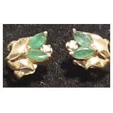 PPM1040 14K Gold Diamond and Faceted Green Stone Earrings