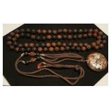 PPM1055 Mahogany Obsidian Beaded Necklace, Enamel Pendant