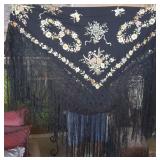 EKT012 Large Vintage Black Silk Shawl with Fringe