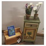 SLC101 Side Table, Hanging Wood Shelf, Faux Potted Plants, Book