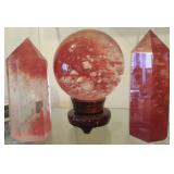 WAE076 Two Cherry Quartz Scepters & Sphere w/ Stand