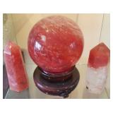 WAE077 Pair of Cherry Quartz Scepters & Sphere w/ Stand