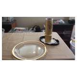 Italian Glass Platter w/ Gold Trim, Gold Bamboo styled Vase. Both new